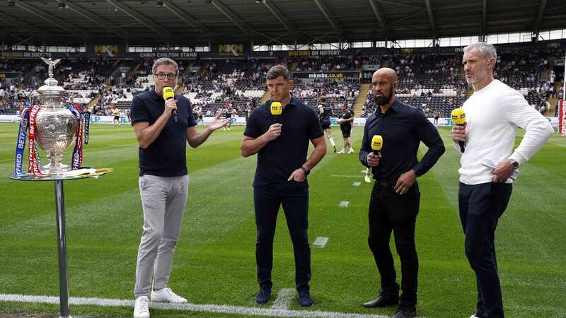 The BBC has traditionally covered the Challenge Cup - presenter Mark Chapman see here with Paul Wellens., Jamie Jones-Buchanan and Jamie Peacock - but are now covering Super League live for the first time (Image: PA)