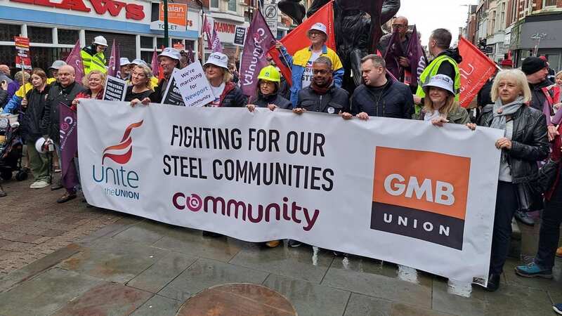 Steelworkers and supporters marched against job losses in Port Talbot and Newport today (Image: Supplied)