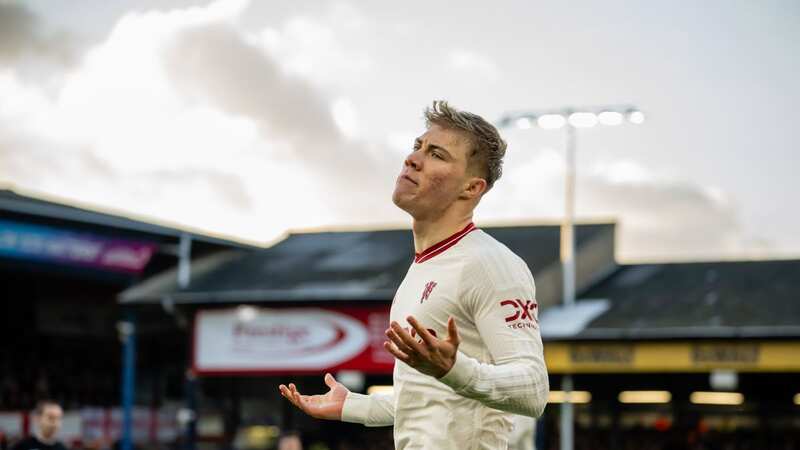 Rasmus Hojlund celebrates scoring his first goal in Manchester United