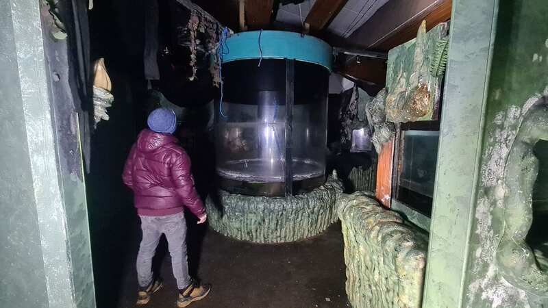 Inside abandoned aquarium with cleaning chemicals and animal food gathering dust