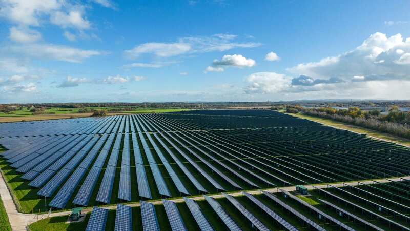 An aerial view of the Shotwick Solar Park on Deeside, Wales. The array of photovoltaic solar panels is spread over 250 acres and produces 72.2 mega watts per year and is also currently the largest solar farm in the UK