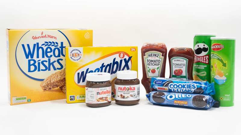 A line-up of well-known consumer brands alongside products sold by Aldi of (left to right) Wheat Bisks and Weetabix cereal, Nutella and Nutoka chocolate spread, Heinz tomato ketchup and Bramwells tomato ketchup, sour cream and onion Pringles and Snackrite crisps, and original Oreos and Belmont Cookies and Cream biscuits (Image: PA Wire/PA Images)