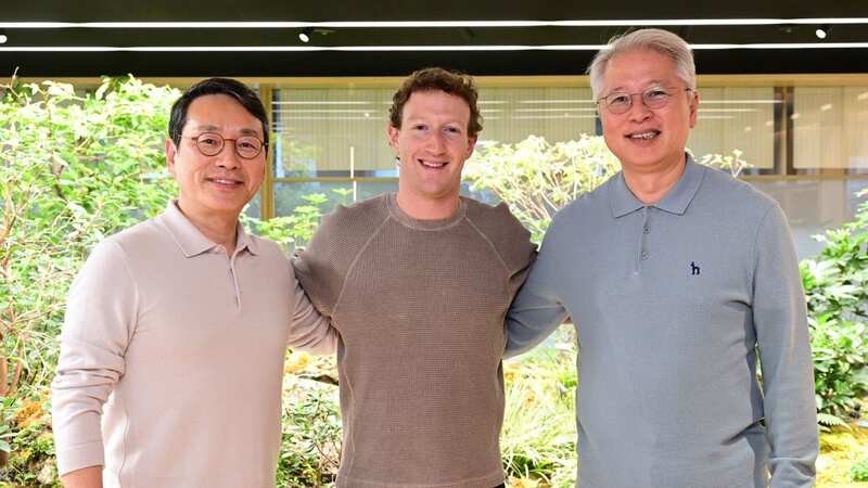 William Cho, chief executive officer at LG Electronics, (from left) Meta CEO Mark Zuckerberg and LG COO Kwon Bong-seok (LG Electronics via AP) (Image: No credit)
