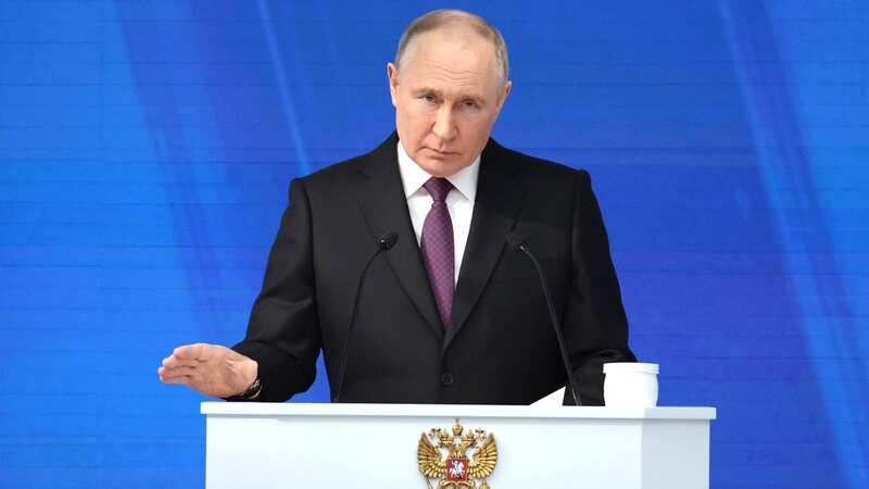 Russian President Vladimir Putin during his two-hour speech today (Image: Anadolu via Getty Images)