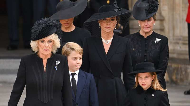 Camilla, Queen Consort, with Prince George of Wales, Catherine, Princess of Wales, Princess Charlotte of Wales and Sophie, Countess of Wessex (Image: WireImage)