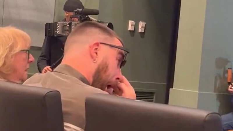 Travis Kelce was spotted wiping tears away in the front row (Image: @EliotShorrParks / X)