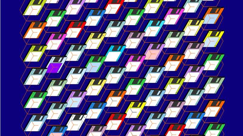 Can you spot a white floppy disk in this busy image? If you can you have 