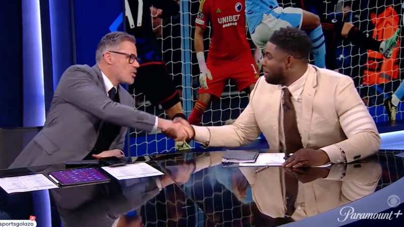 Jamie Carragher and Micah Richards shook hands on a huge Liverpool vs Man City bet (Image: CBS Sports)