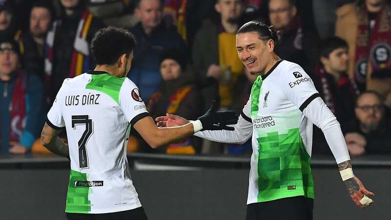 Darwin Nunez celebrates with Luis Diaz after scoring for Liverpool against Sparta Prague (Image: AFP via Getty Images)