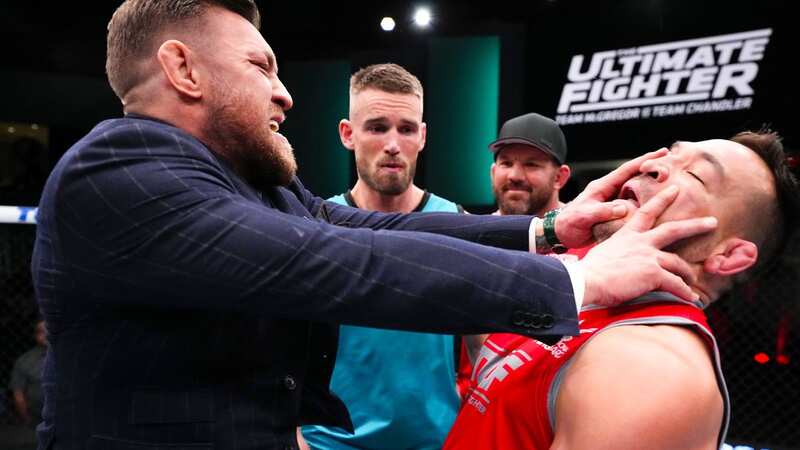 LAS VEGAS, NEVADA - MARCH 03: (L-R) Conor McGregor pushes Michael Chandler during the filming of The Ultimate Fighter at UFC APEX on March 03, 2023 in Las Vegas, Nevada. (Photo by Chris Unger/Zuffa LLC via Getty Images)