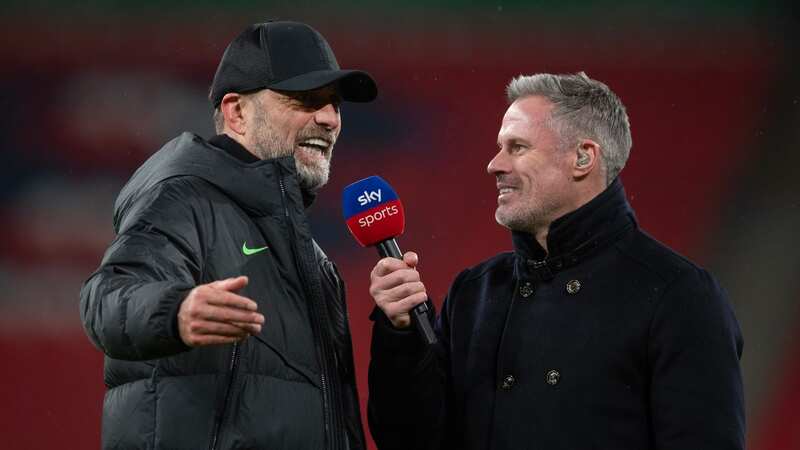 Liverpool manager Jurgen Klopp is interviewed by Sky Sports commentator Jamie Carragher (Image: Visionhaus)