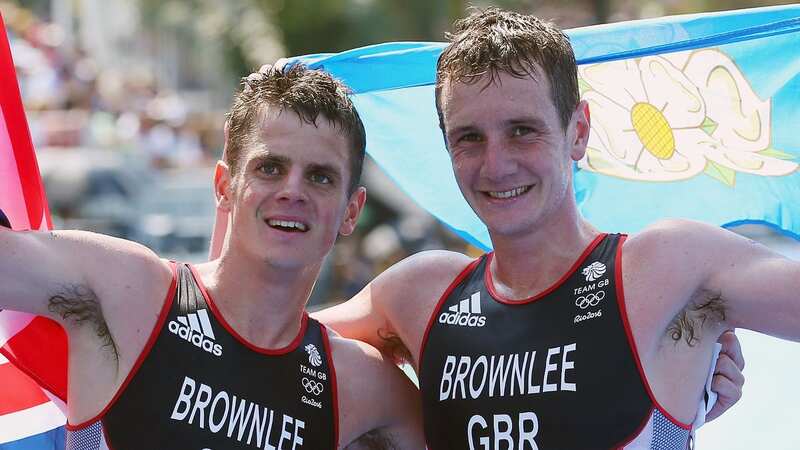 Alistair Brownlee and Jonathan Brownlee of Great Britain celebrate during the Men