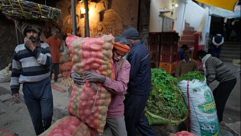 A laborer carries a sack of vegetables in Lucknow, capital of northern Indian state of Uttar Pradesh (Image: Copyright 2024 The Associated Press. All rights reserved)