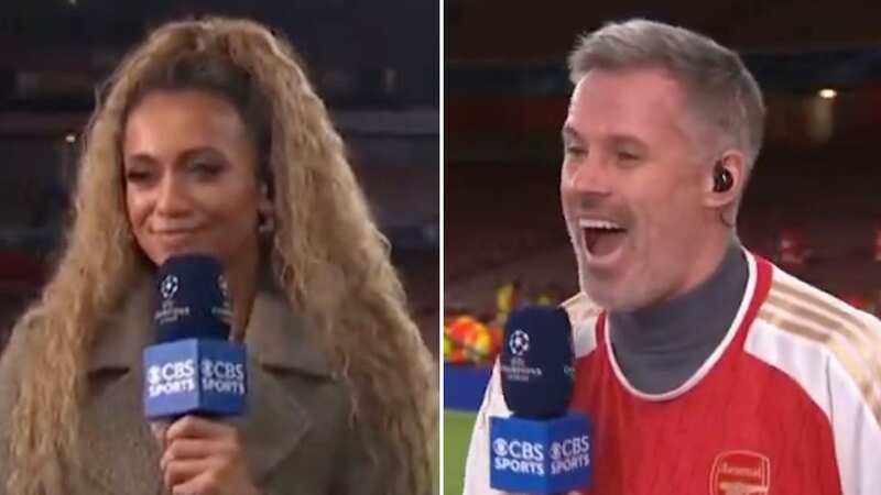 Jamie Carragher attempted to tease presenter Kate Abdo (Image: CBS)