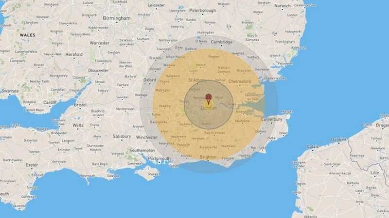 Map shows how much of UK could be destroyed if Russia launched nuclear bomb ​on London (Image: nuclearsecrecy.com)