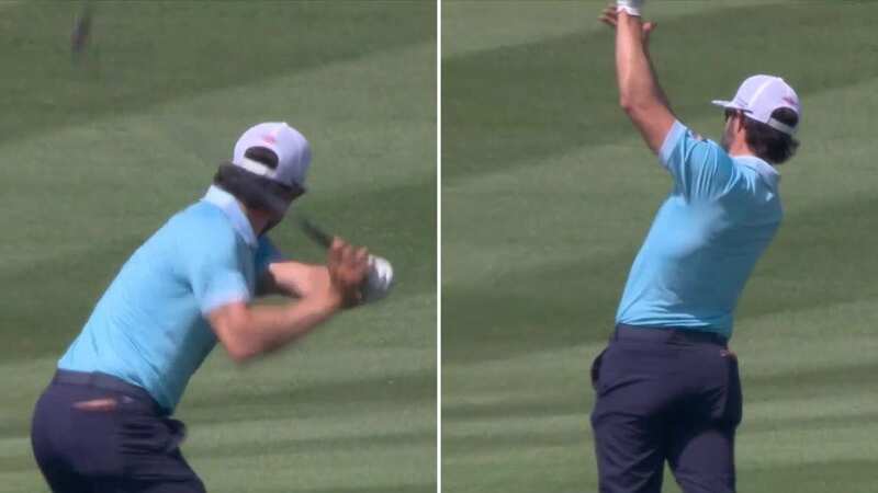 Adam Hadwin tossed his club into the water (Image: Sky Sports)