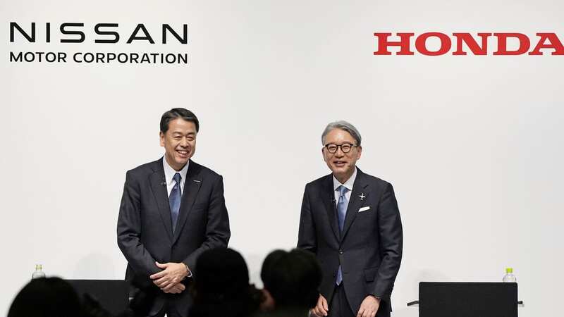 Nissan chief executive Makoto Uchida, left, and Honda boss Toshihiro Mibe, attend a joint news conference in Tokyo this week (Image: No credit)