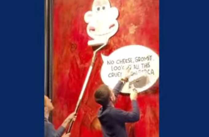 Animal rights activists paste Wallace and Gromit image over king’s portrait