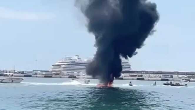 Horror footage showed black smoke billowing into the air after the boat blast that left two injured