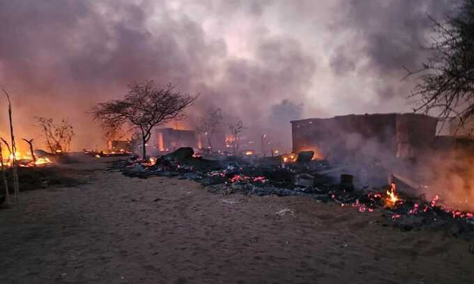 The aftermath of an attack on Abu Shouk camp near El Fasher last month, when more than 100 people died. Photograph: Darfur Network for Human Rights