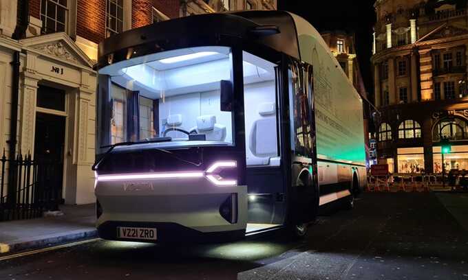 A Volta electric truck in London, far from the UK’s only public HGV charging point in Lancashire. Photograph: Jasper Jolly/The Guardian
