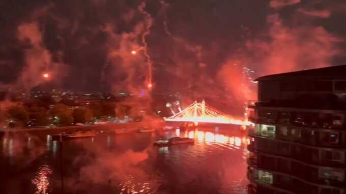 London’s Albert Bridge lit up with fireworks and flares as one lands on Uber boat in dangerous scenes