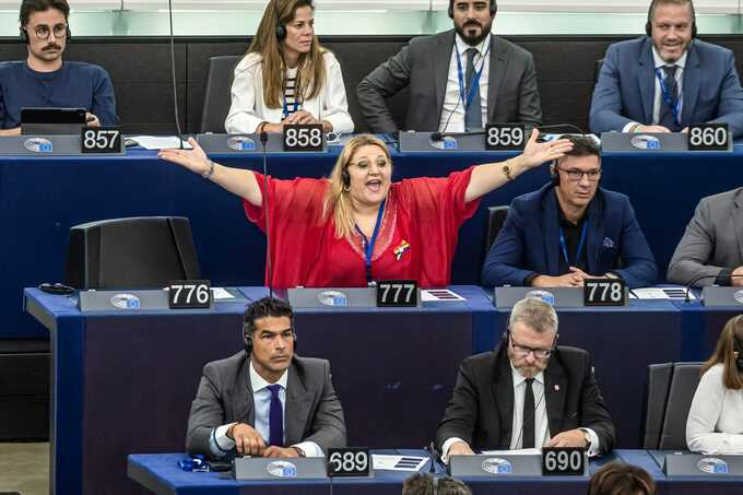 Diana Șoșoacă, the eccentric leader of the Romanian far-right S.O.S. Romania party, was recently elected to her first term as an MEP. | Christophe Petit Tesson/EFE via EPA