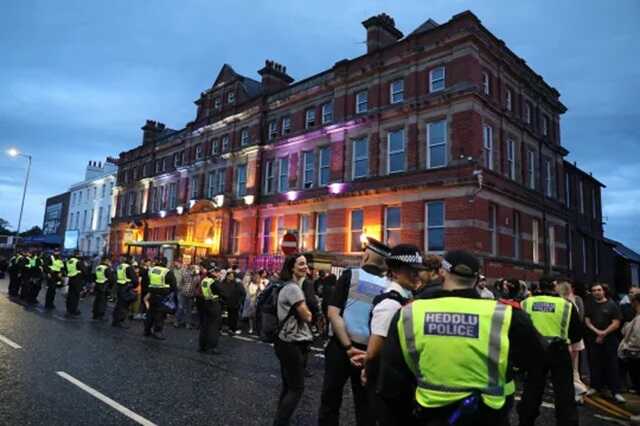 Anti-racists outside the first mosque in the UK, opened in 1889 by Muslim convert Abdullah Quilliam (Picture: Ian Cooper/AFP via Getty)