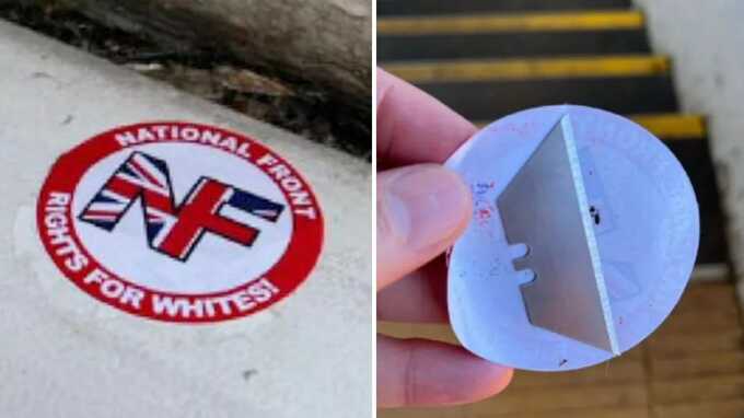 Public warned after razor blades found under far-right extremist stickers at train station