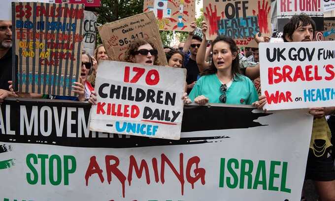 Protesters calling on the UK government to end arms sales to Israel at a demonstration in London on Saturday 3 August. Photograph: Thomas Krych/Anadolu/Getty Images