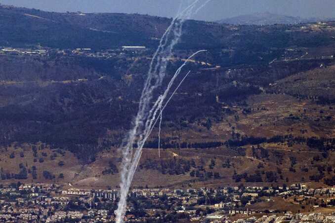 Rockets fired from southern Lebanon are intercepted by Israel’s Iron Dome air defence system in northern Israel on August 9, 2024Credit: AFP