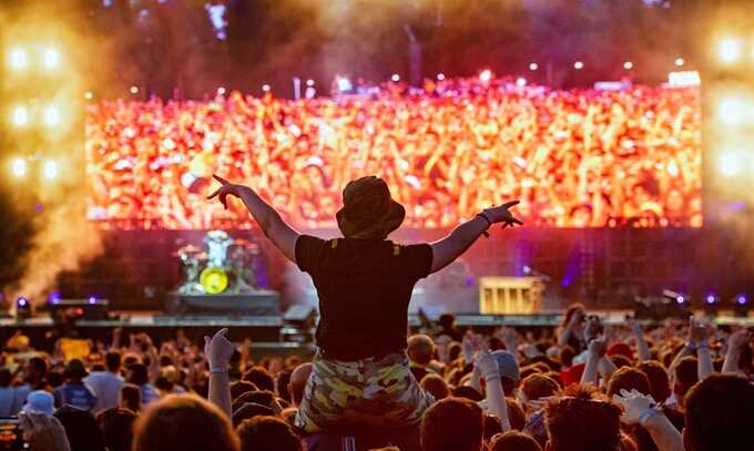 Twenty One Pilots fans enjoy the band’s performance on the main stage at Leeds Festival 2019. Photograph: Katja Ogrin/Redferns