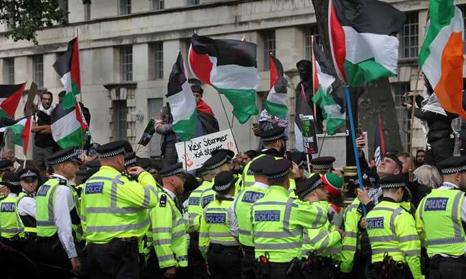 Protesters in Westminster on 6 July demanding that the new Labour government should not allow UK weapons to be used by Israel against people in Gaza. Photograph: Martin Pope/Zuma Press Wire/Rex/Shutterstock