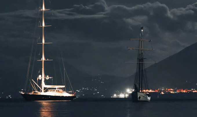 The Bayesian off Porticello, Palermo, at night before its sinking. Photograph: Fabio la Bianca/BAIA Santa Nicolicchia/AFP/Getty Images