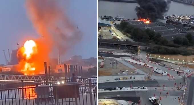 Huge fire breaks out near the O2 after explosion filmed raging ‘out of control’