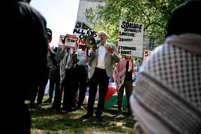 Jeremy Corbyn speaking at a pro-Palestinian camp set up at the School of Oriental and African Studies (SOAS) in London in May (AFP via Getty Images)