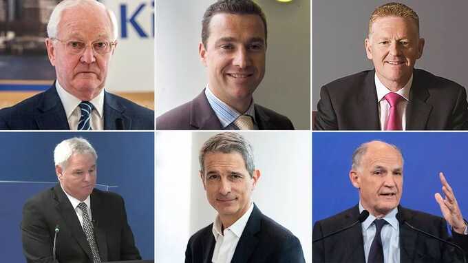 First row, left to right: Kingspan founder Eugene Murtagh, Kingspan CEO Gene Murtagh, Rydon CEO Robert Bond Second row, left to right: Harley Facades managing director Ray Bailey, Benoit Bazin, CEO of Saint-Gobain, Saint-Gobain Chairman Andre de Chalendar