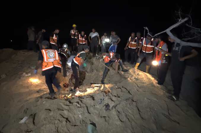 A search and rescue operation after an Israeli airstrike on a tent encampment of displaced Palestinians in al-Mawasi area of Khan Younis, Gaza. The IDF said it was targeting a Hamas control centre. Photograph: Anadolu/Getty Images