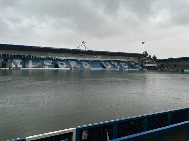 Flooding at the SEAH Stadium, home to Telford United football grounds, in Wellington in Shropshire (Picture: @LukeShelley1/PA)