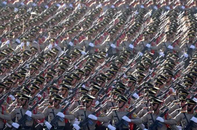 Soldiers from a unit of the Iranian army march during the annual military parade (Picture: AFP)