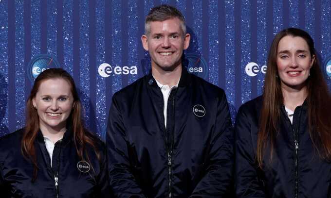 John Mc Fall poses with his European Space Agency class mates of Meganne Christian and Rosemary Coogan. Photograph: Benoît Tessier/Reuters