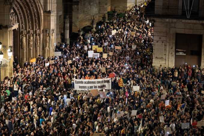 Demonstrators gathered outside Valencia’s city hall. Photograph: Biel Aliño/EPA