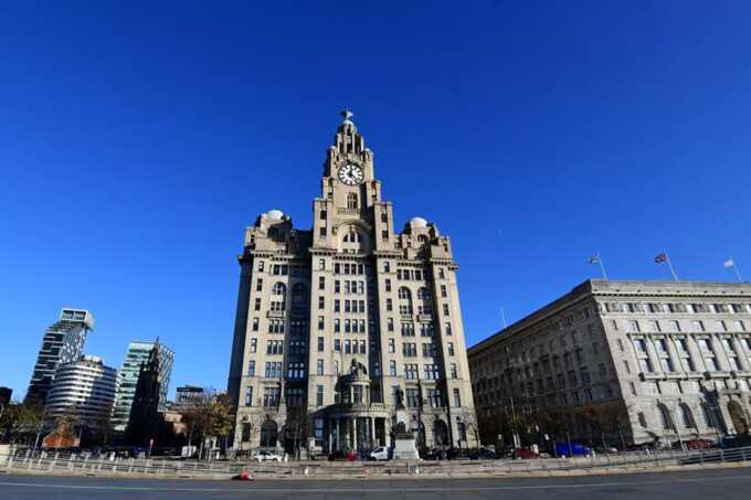 Blue sky waterfront and Liver Building. Photo by Colin Lane