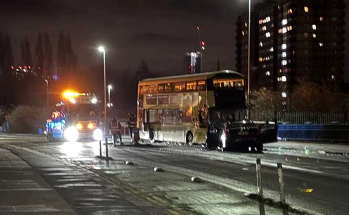 Five injured in crash between double-decker bus and car