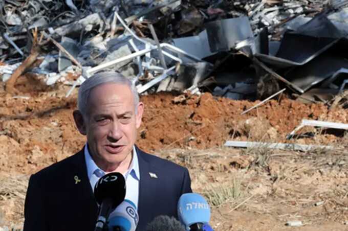 Israel’s Prime Minister Benjamin Netanyahu gives a statement during a visit to the site of the Weizmann Institute of Science, which was hit by missiles fired from Iran, in the central city of Rehovot on Friday, June 20, 2025. (Jack Guez/Pool Photo via AP). Picture: Alamy
