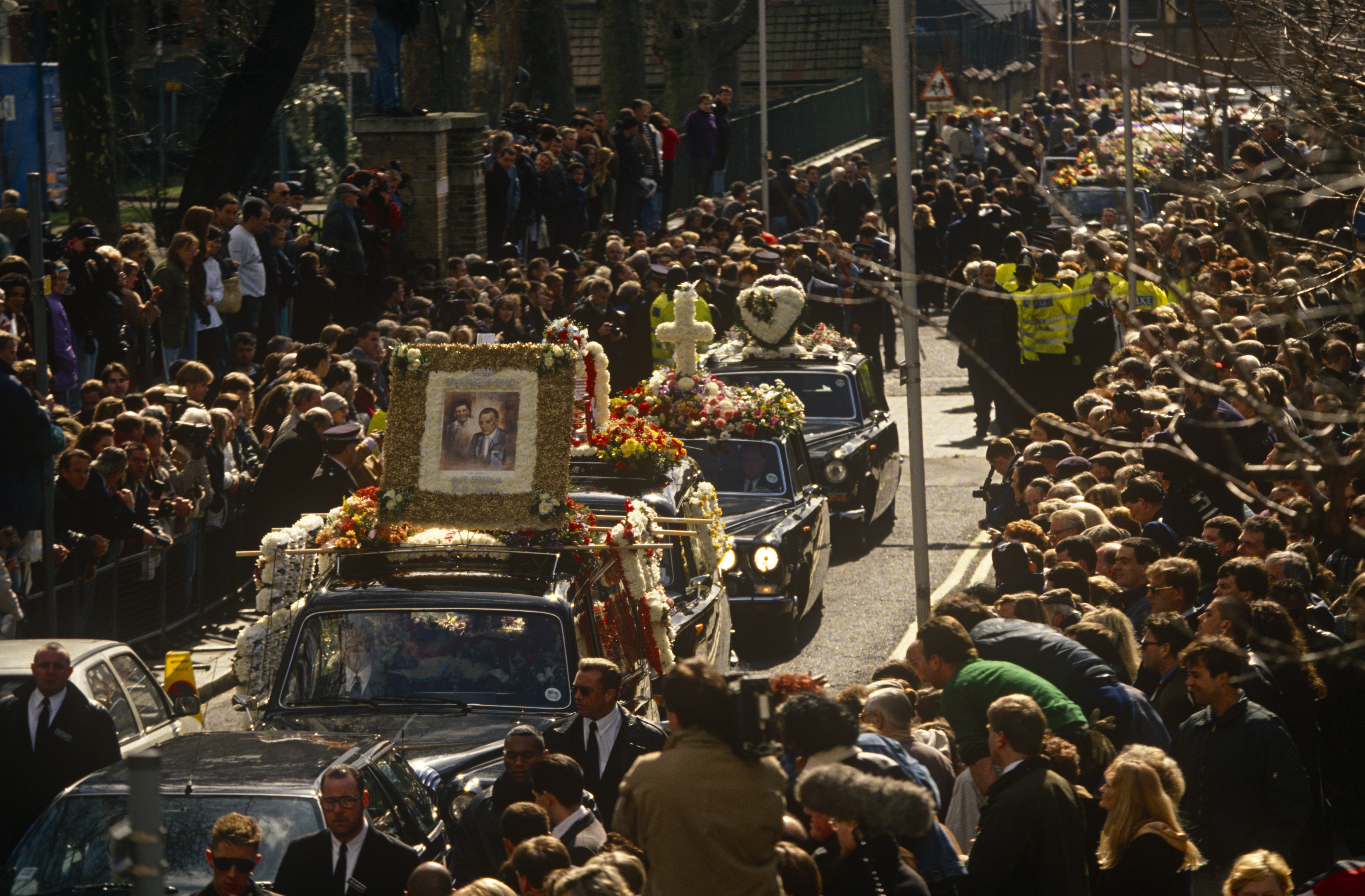 Crowds line the streets for Ronnie Kray’s funeral in 1995