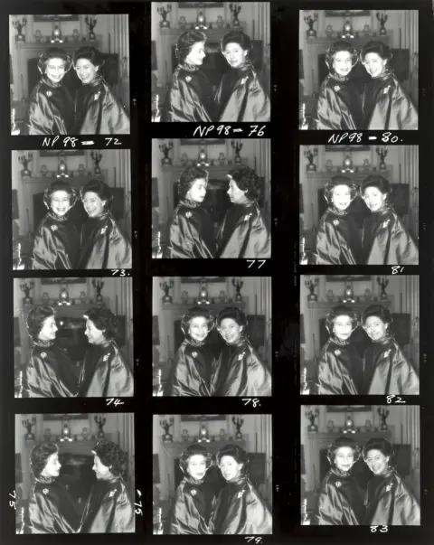 Norman Parkinson/Iconic Images Photographic contact sheet showing candid shots of Queen Elizabeth II and Princess Margaret