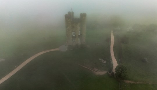 Broadway Tower in the Cotswold, shrouded in cloud and mist. .