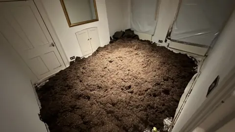 Another view of the shocking amount of soil dumped in the Reeves’ home, a testament to the audacity of the cannabis criminals.