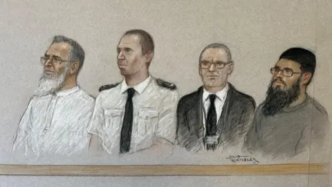 Julia Quenzler Anjem Choudary and Khaled Hussein pictured in a court sketch - they appear to be sitting on a bench, with two police officers separating them